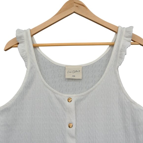 Easy Clothes White Knit Ruffle Sleeve Tank w/ Gold Buttons (Size S/M) - Picture 3 of 5